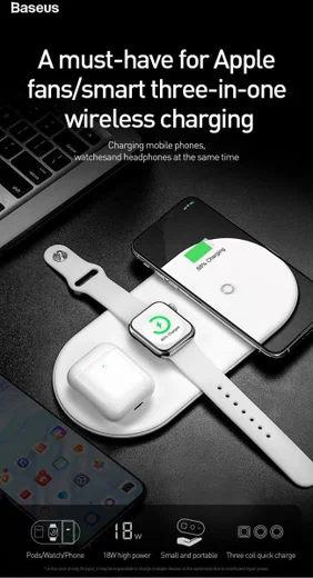 Baseus 3 in 1 Draadloze Oplader [iPhone + Apple Watch + AirPods] Zwart afbeelding 3