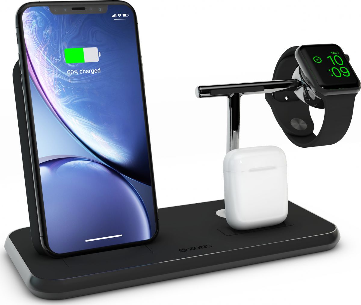 ZENS Aluminium Dual Draadloze Oplader met AirPods en Watch Stand Zwart afbeelding 1