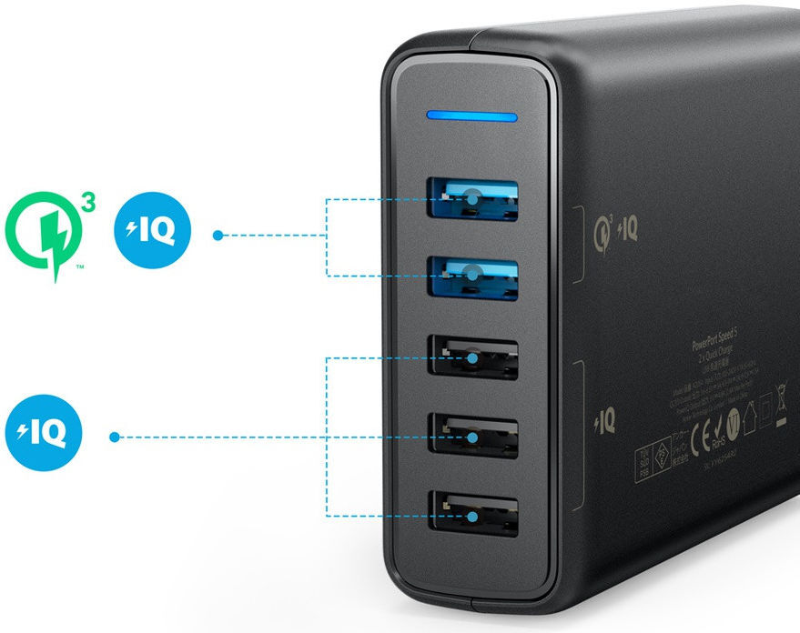 Anker PowerPort Speed (63W) 5-Poorts Quick Charge Thuislader Zwart afbeelding 2