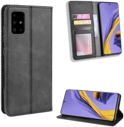 Samsung Galaxy A51 Hoesje Book Case Wallet Kunst Leer Retro Zwart afbeelding 7