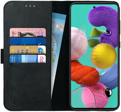 Rosso Deluxe Samsung Galaxy A71 Hoesje Echt Leer Book Case Zwart afbeelding
