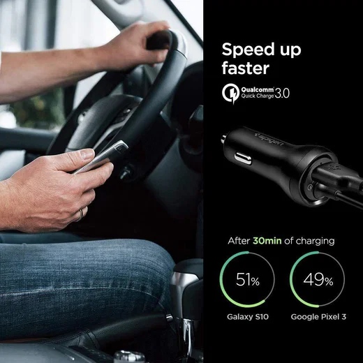 Spigen F30qc Autolader met USB-C Kabel Zwart afbeelding 4