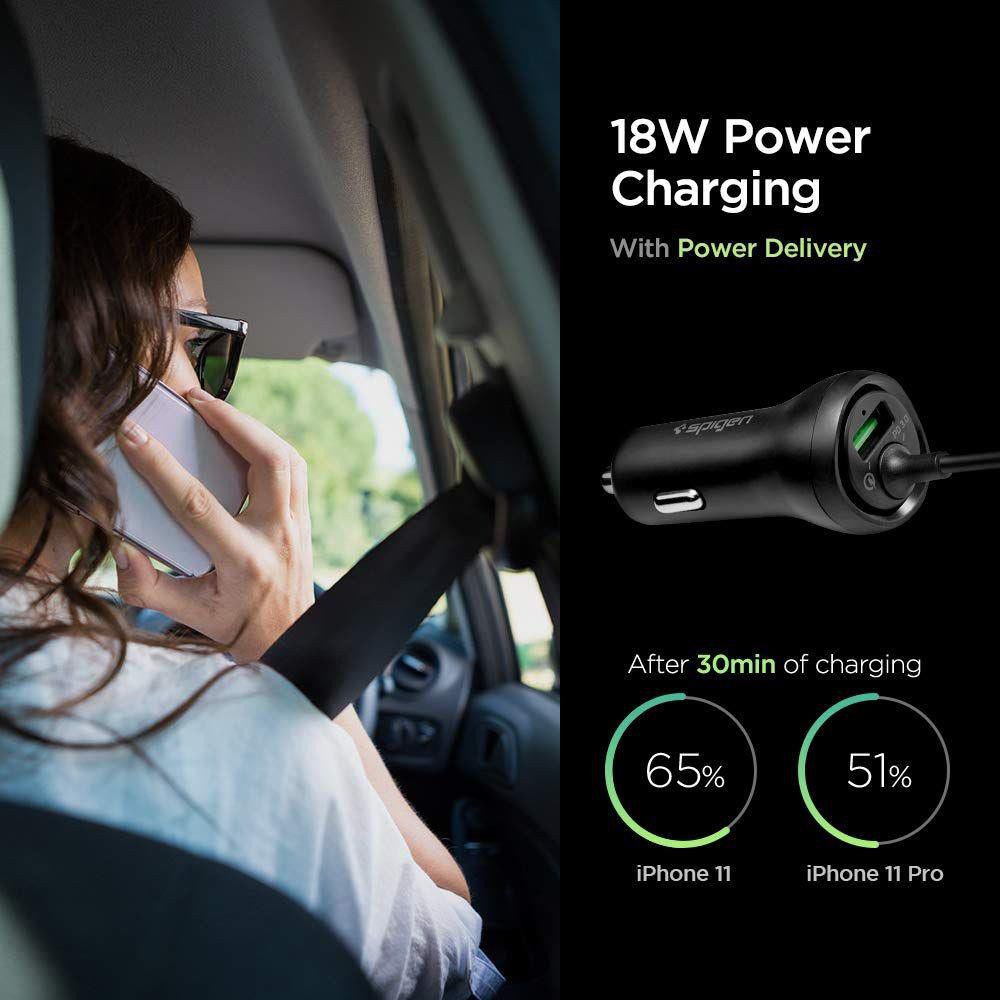 Spigen F30qc Autolader met USB-C Kabel Zwart afbeelding 6