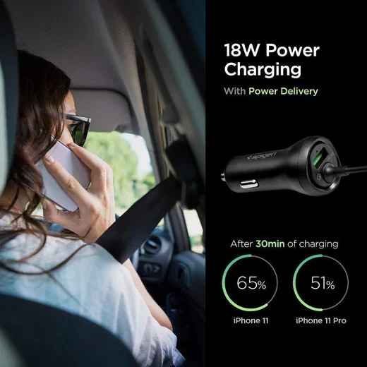 Spigen F30qc Autolader met USB-C Kabel Zwart afbeelding 6