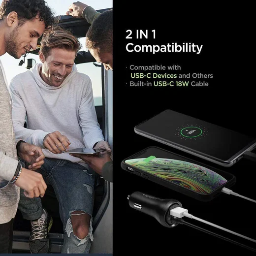 Spigen F30qc Autolader met USB-C Kabel Zwart afbeelding 7