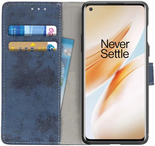 OnePlus 8 Vintage Portemonnee Stand Hoesje Blauw afbeelding 1