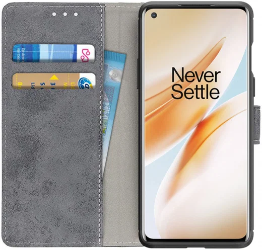 OnePlus 8 Vintage Portemonnee Stand Hoesje Grijs afbeelding 1