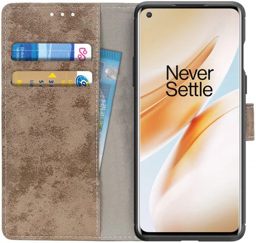 OnePlus 8 Vintage Portemonnee Stand Hoesje Lichtbruin afbeelding 1