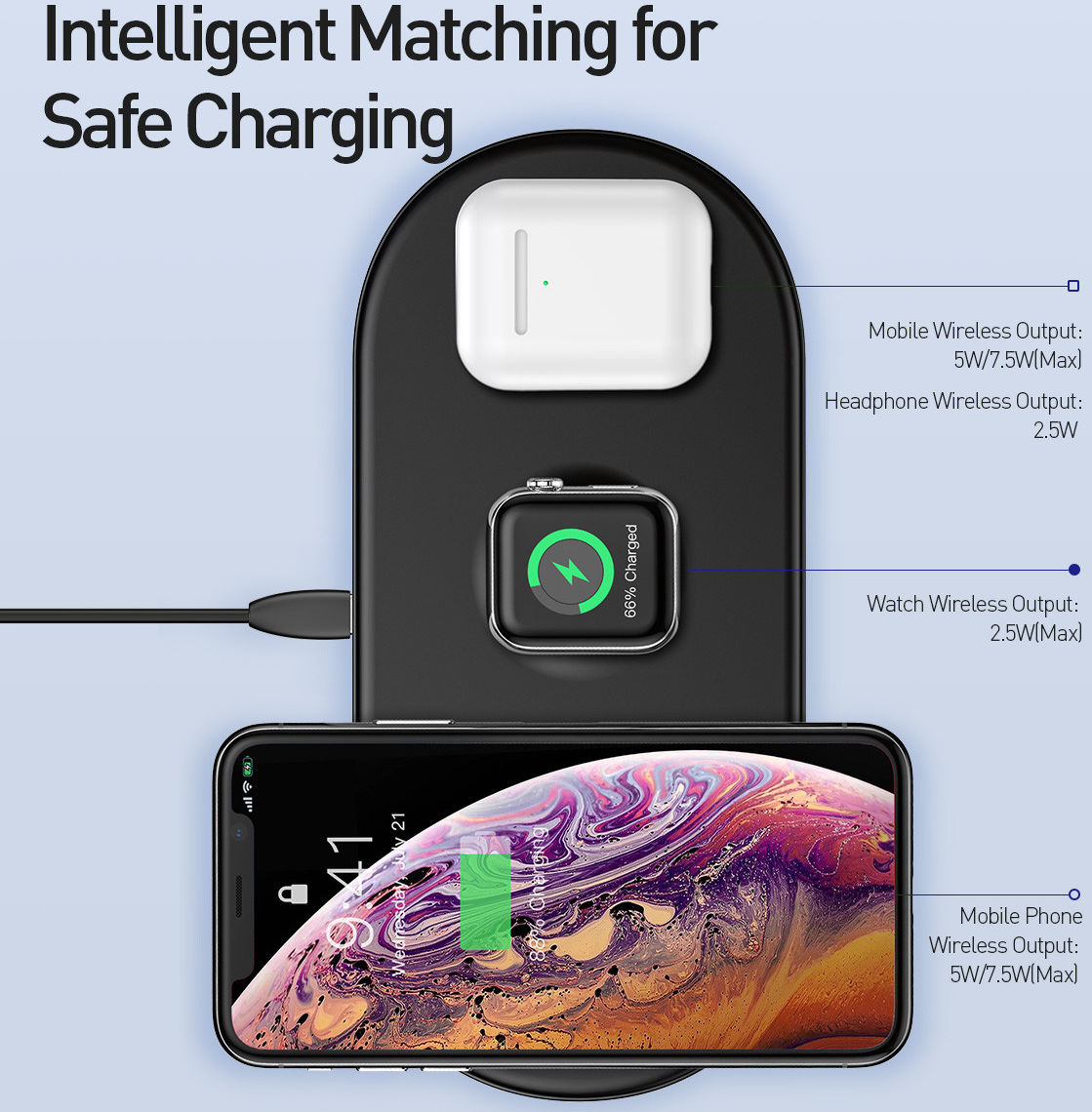 Baseus 3in1 18W Draadloze Oplader Smartphone Apple Watch AirPods Zwart afbeelding 2