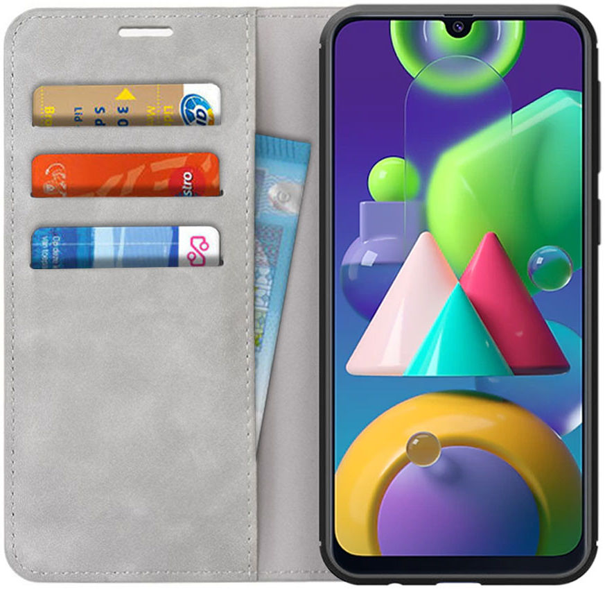 Samsung Galaxy M21 Hoesje Zijdezacht Kunstleer Portemonnee Grijs afbeelding 1