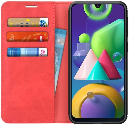 Samsung Galaxy M21 Hoesje Zijdezacht Kunstleer Portemonnee Rood afbeelding 1