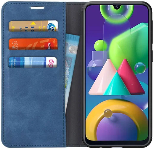 Samsung Galaxy M21 Hoesje Zijdezacht Kunstleer Portemonnee Blauw afbeelding 1