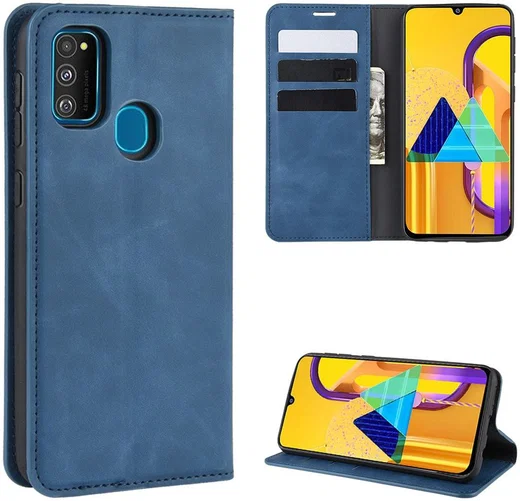 Samsung Galaxy M21 Hoesje Zijdezacht Kunstleer Portemonnee Blauw afbeelding 3