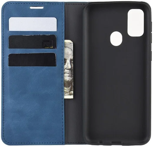 Samsung Galaxy M21 Hoesje Zijdezacht Kunstleer Portemonnee Blauw afbeelding 7