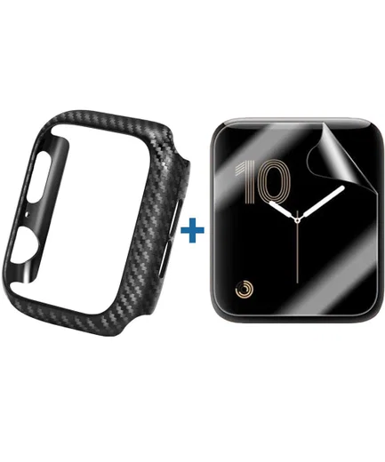 Apple Watch 44MM Hoesje Carbon TPU Bumper met Screenprotector Zwart afbeelding 1