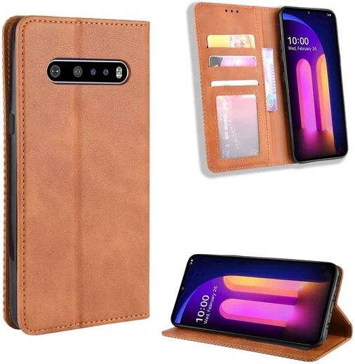 LG V60 Retro Stijl Kunstleren Portemonnee Hoesje Bruin afbeelding 11