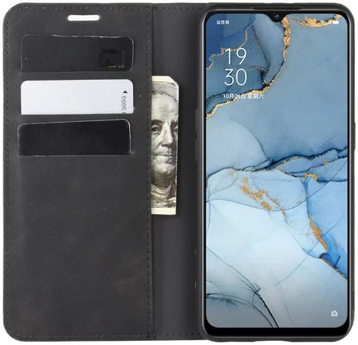 Oppo Reno 3 Hoesje Zijdezacht Kunstleer Portemonnee Zwart afbeelding 2