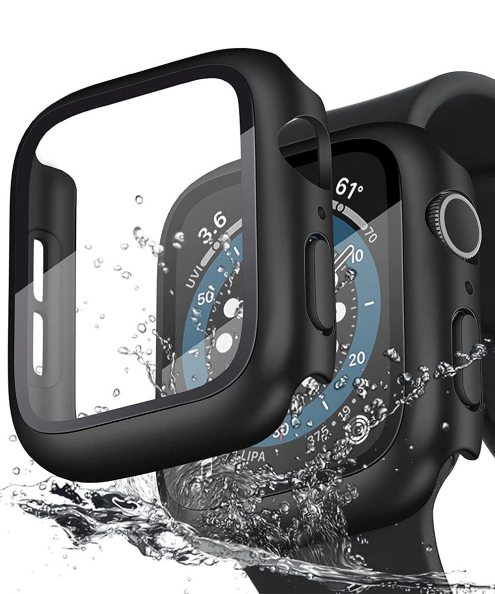 Apple Watch 44MM Hoesje - Hard Plastic Bumper met Tempered Glass - Zwart afbeelding 2