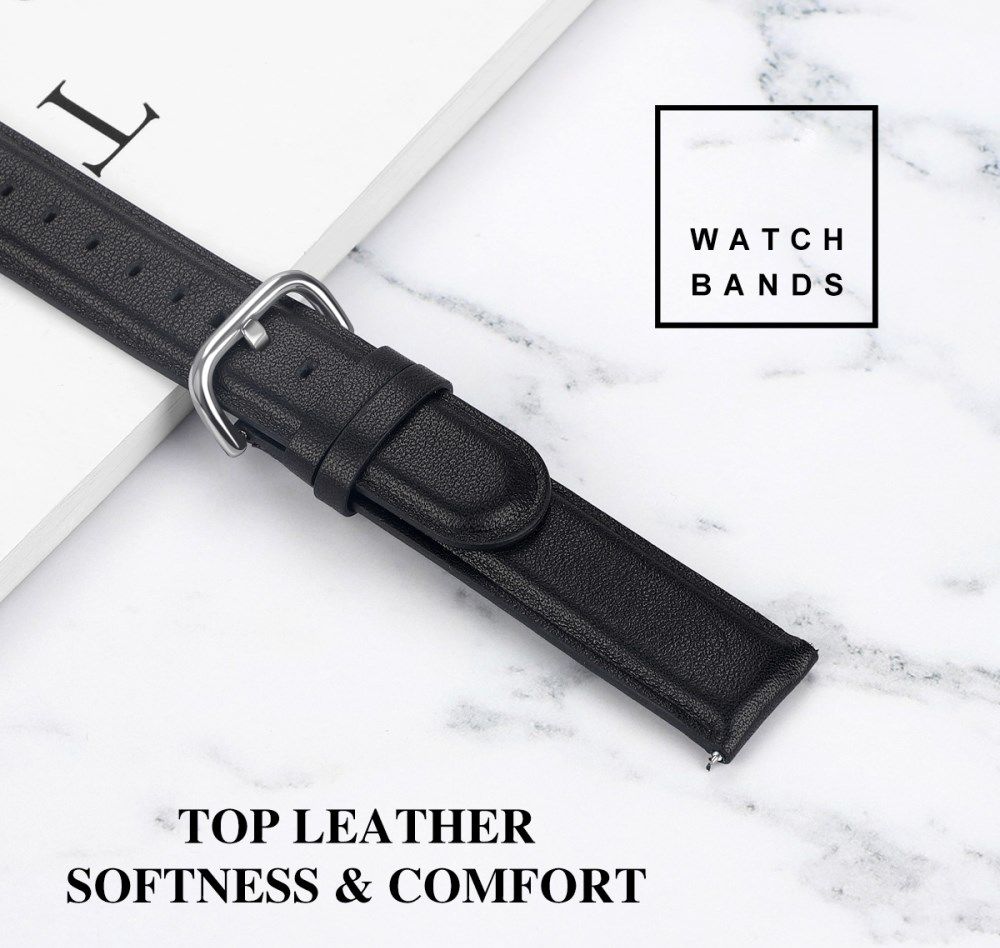 Universeel Smartwatch 20MM Bandje - Echt Leer - met RVS Gespsluiting - Zwart afbeelding 6