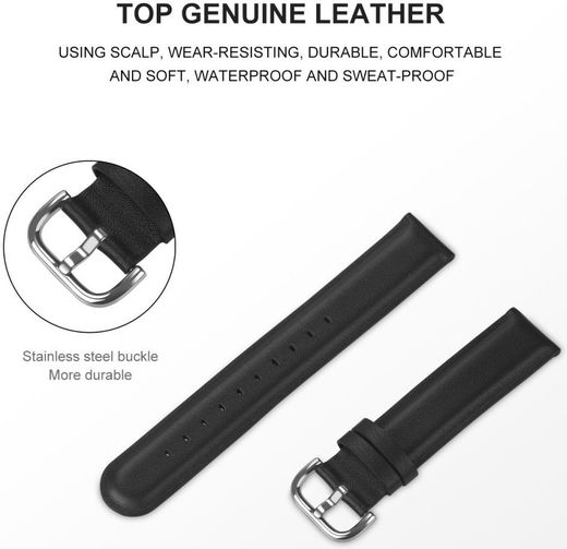 Universeel Smartwatch 20MM Bandje - Echt Leer - met RVS Gespsluiting - Zwart afbeelding 4