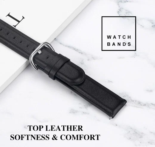 Universeel Smartwatch 22MM Bandje Echt Leer met RVS Gespsluiting Zwart afbeelding 6