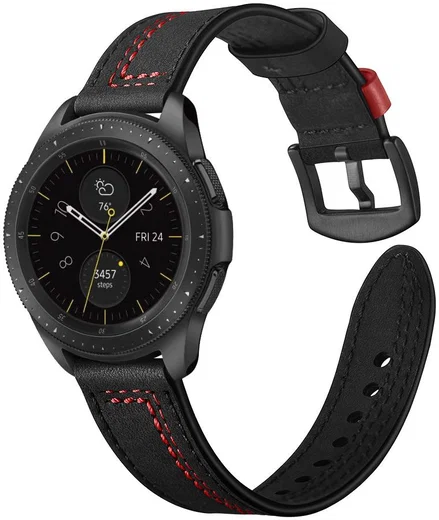 Universeel Smartwatch 22MM Bandje - Echt Leer - met Dubbele Stiksels - Zwart afbeelding 2