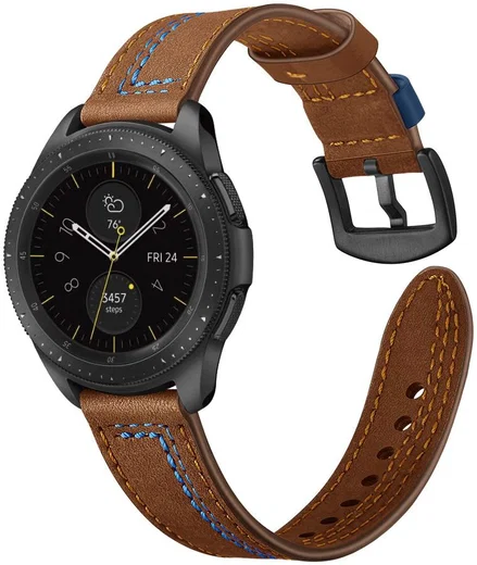 Universeel Smartwatch 22MM Bandje Echt Leer met Dubbele Stiksels Bruin afbeelding 2