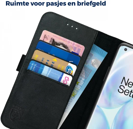 Rosso Deluxe OnePlus 8 Pro Hoesje Echt Leer Book Case Zwart afbeelding 6