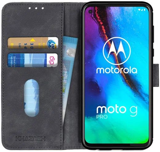 KHAZNEH Motorola Moto G Pro Hoesje Retro Wallet Book Case Zwart afbeelding 1