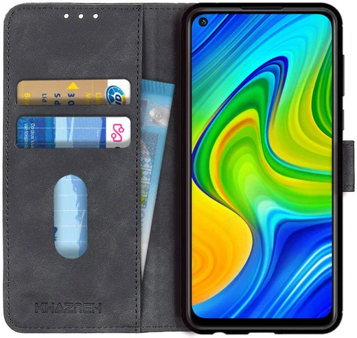 KHAZNEH Xiaomi Redmi Note 9 Hoesje Retro Wallet Book Case Zwart afbeelding 1