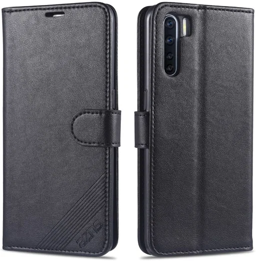 AZNS Oppo A91 Hoesje Wallet Book Case Kunst Leer Zwart afbeelding 2