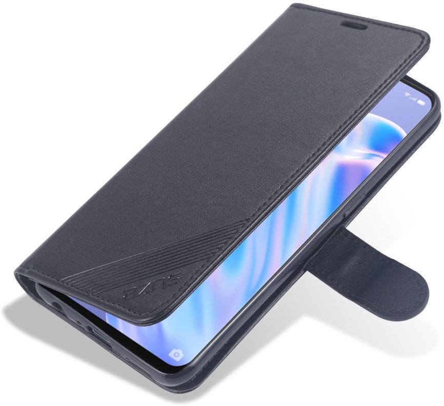 AZNS Oppo A91 Hoesje Wallet Book Case Kunst Leer Zwart afbeelding 1
