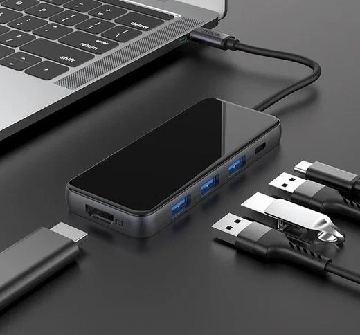 Hoco Easy Universele 5-in-1 USB-C Adapter / 3x USB / HDMI Zwart afbeelding 4