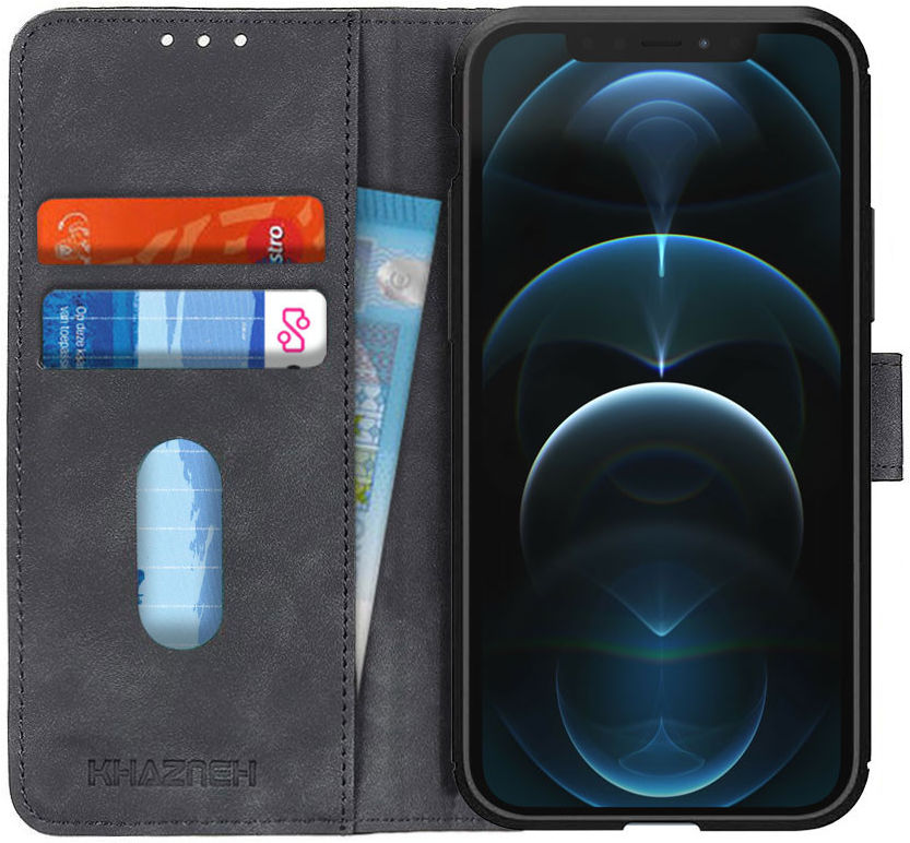 KHAZNEH Apple iPhone 12 Pro Max Hoesje Retro Wallet Book Case Zwart afbeelding 1