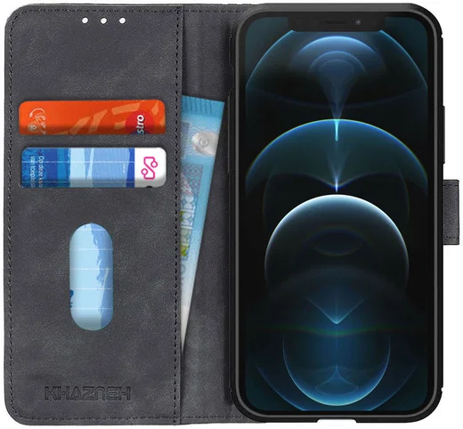 KHAZNEH Apple iPhone 12 Pro Max Hoesje Retro Wallet Book Case Zwart afbeelding 1
