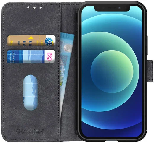 Apple iPhone 12 Mini Hoesje Retro Wallet Book Case Zwart afbeelding 1