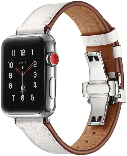 Apple Watch 41MM / 40MM / 38MM Bandje Echt Leer met RVS Vlindersluiting Wit afbeelding 2