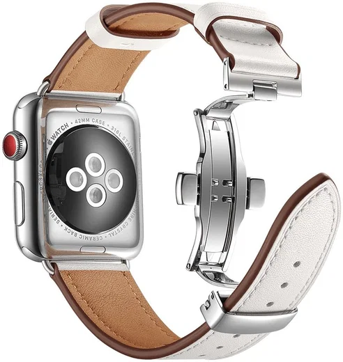 Apple Watch 41MM / 40MM / 38MM Bandje Echt Leer met RVS Vlindersluiting Wit afbeelding 1
