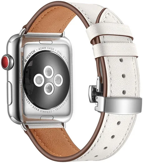 Apple Watch 41MM / 40MM / 38MM Bandje Echt Leer met RVS Vlindersluiting Wit afbeelding 3