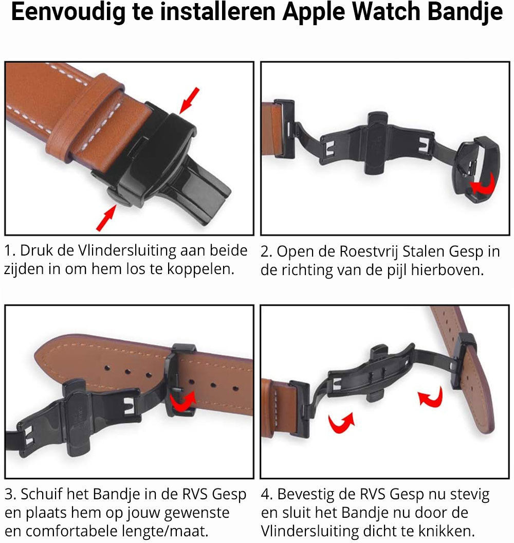 Apple Watch Band - 1-10/SE - 42/41/40/38MM - Echt Leer - Vlindersluiting - Roze afbeelding 10