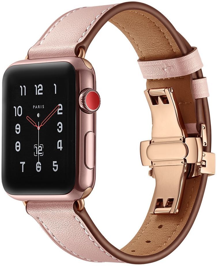 Apple Watch Band - 1-10/SE - 42/41/40/38MM - Echt Leer - Vlindersluiting - Roze afbeelding 2