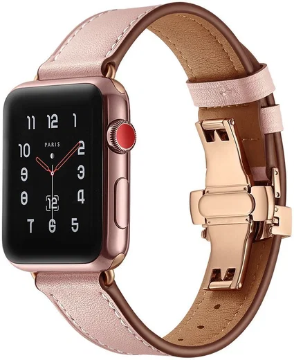 Apple Watch Band - 1-10/SE - 42/41/40/38MM - Echt Leer - Vlindersluiting - Roze afbeelding 2