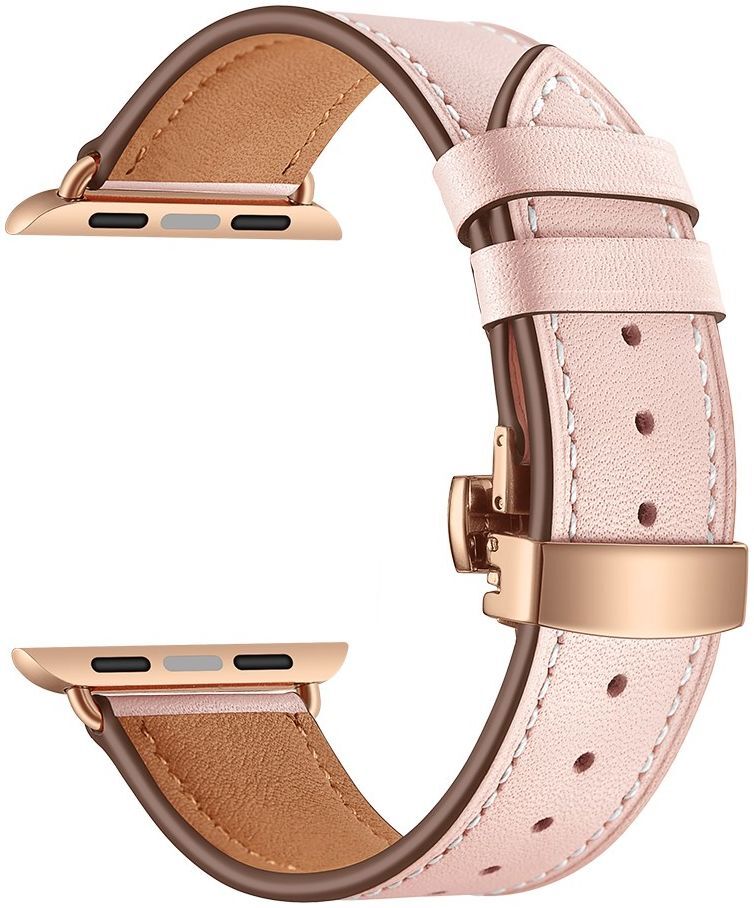 Apple Watch Band - 1-10/SE - 42/41/40/38MM - Echt Leer - Vlindersluiting - Roze afbeelding 4