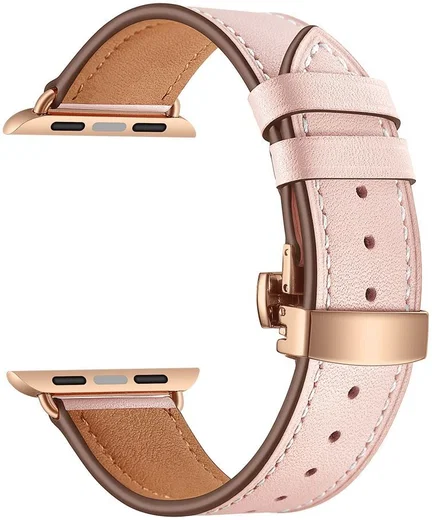 Apple Watch Band - 1-10/SE - 42/41/40/38MM - Echt Leer - Vlindersluiting - Roze afbeelding 4