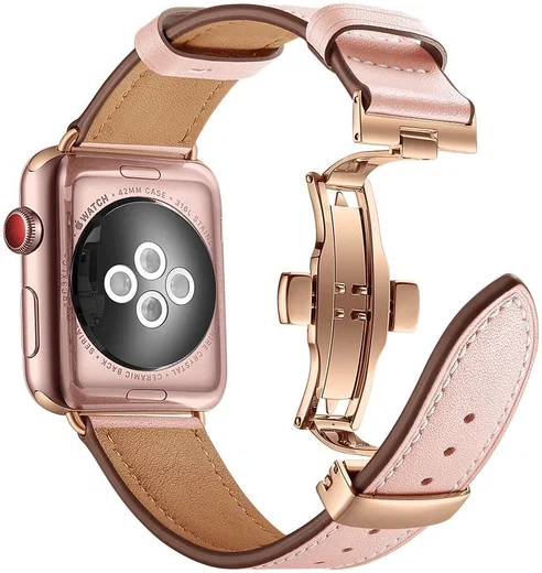 Apple Watch Band - 1-10/SE - 42/41/40/38MM - Echt Leer - Vlindersluiting - Roze afbeelding 1