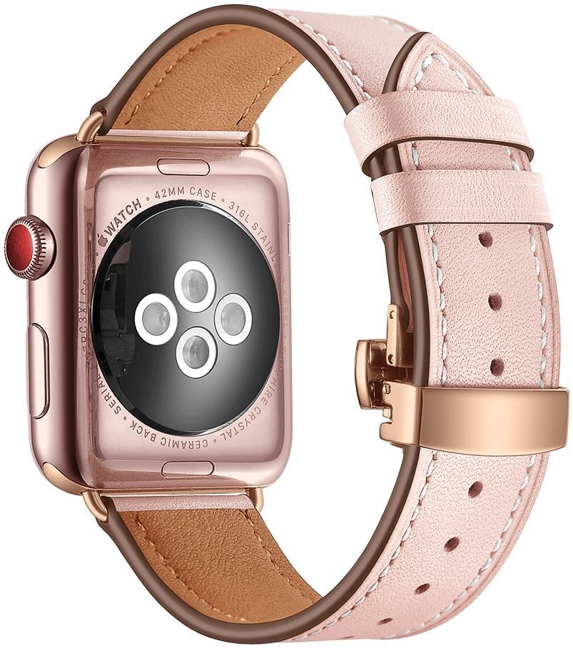 Apple Watch Band - 1-10/SE - 42/41/40/38MM - Echt Leer - Vlindersluiting - Roze afbeelding 3