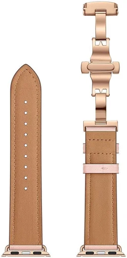 Apple Watch Band - 1-10/SE - 42/41/40/38MM - Echt Leer - Vlindersluiting - Roze afbeelding 7