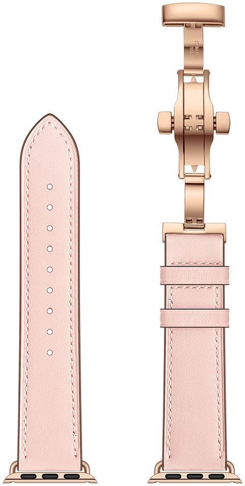 Apple Watch Band - 1-10/SE - 42/41/40/38MM - Echt Leer - Vlindersluiting - Roze afbeelding 6