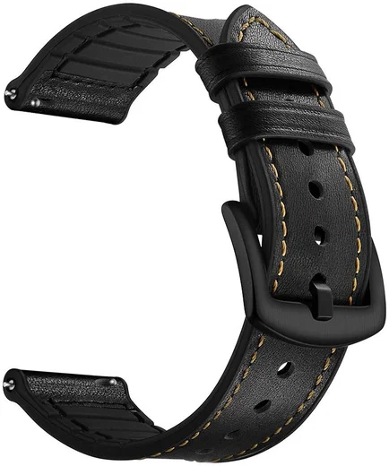 Universeel Smartwatch 22MM Bandje - Cowhide - Echt Leer en Siliconen - Zwart afbeelding 4
