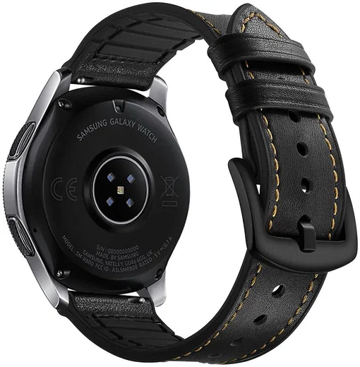 Universeel Smartwatch 22MM Bandje - Cowhide - Echt Leer en Siliconen - Zwart afbeelding 2